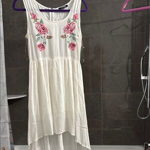 Floral Embroidered High Low Dress - White